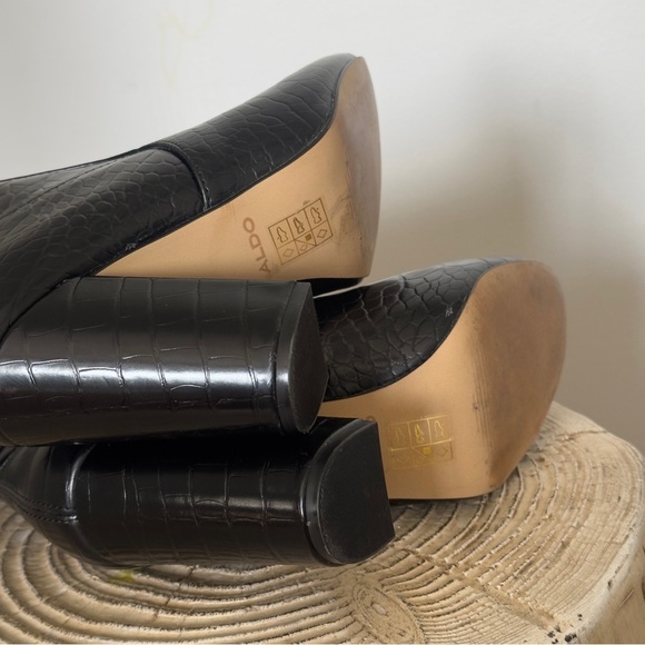 Aldo Black Chunky Heel Croc-Textured Heeled Women's Boots 7.5 - Picture 8 of 9